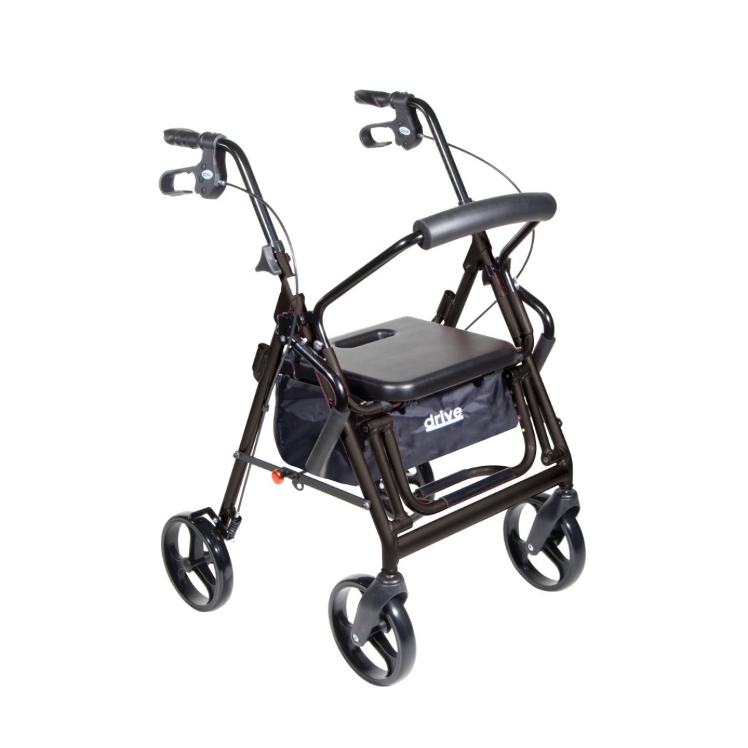 The Drive Hybrid Duet Rollator/Transport Chair is a black 2-in-1 mobility aid featuring four wheels, a padded seat, curved handles with hand brakes, flip-up armrests, and a storage bag under the seat.