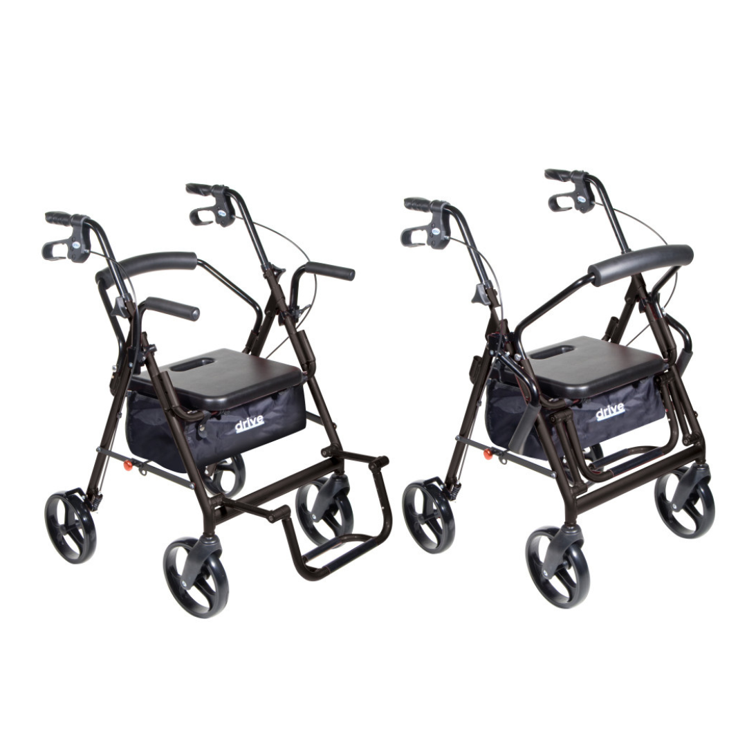 Two black Drive Hybrid Duet Rollator/Transport Chairs with four wheels, handlebars, hand brakes, padded seats, and storage pouches underneath. One chair shows footrests extended; the other has them folded for versatility.