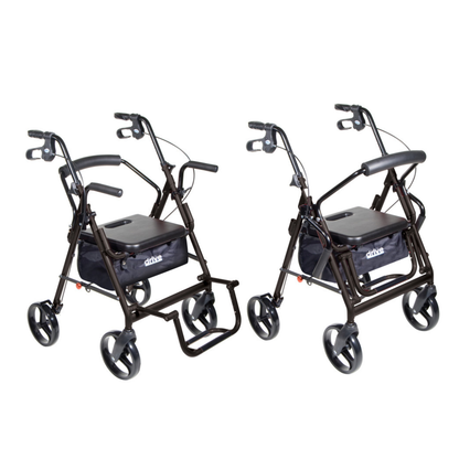 Two black Drive Hybrid Duet Rollator/Transport Chairs with four wheels, handlebars, hand brakes, padded seats, and storage pouches underneath. One chair shows footrests extended; the other has them folded for versatility.