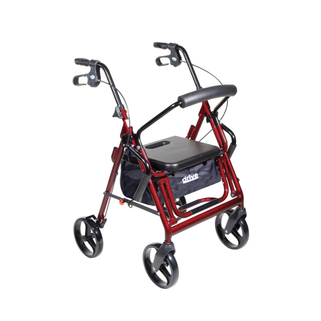 The Drive Hybrid Duet Rollator/Transport Chair is a red four-wheeled 2-in-1 mobility aid featuring black handles with hand brakes, a padded seat, flip-up armrests, and an under-seat storage pouch.