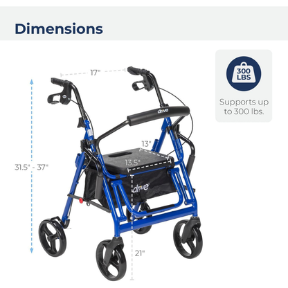 The Drive Hybrid Duet Rollator/Transport Chair is a blue 2-in-1 walker with four wheels, seat, storage pouch, and handlebars. It adjusts in height, folds for portability, supports up to 300 lbs, and doubles as a convenient transport chair.