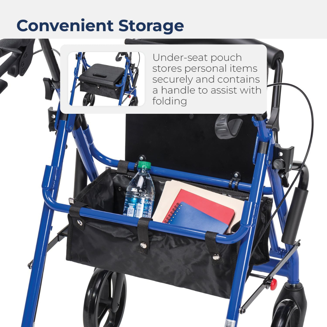 The Drive Hybrid Duet Rollator/Transport Chair in blue features a black under-seat pouch holding a water bottle, folder, and notebook. An inset shows the pouch’s secure storage and the handle for easy folding of this versatile mobility aid.