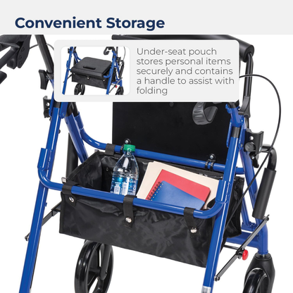 The Drive Hybrid Duet Rollator/Transport Chair in blue features a black under-seat pouch holding a water bottle, folder, and notebook. An inset shows the pouch’s secure storage and the handle for easy folding of this versatile mobility aid.