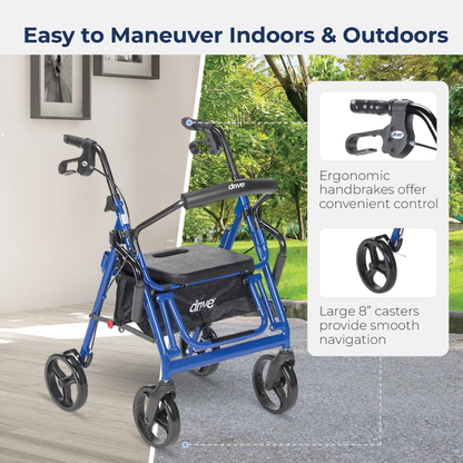 The Drive Hybrid Duet Rollator/Transport Chair, shown in blue with ergonomic handbrakes and large 8-inch wheels, is displayed indoors and outdoors; text highlights easy maneuverability, smooth navigation, and convenient control.