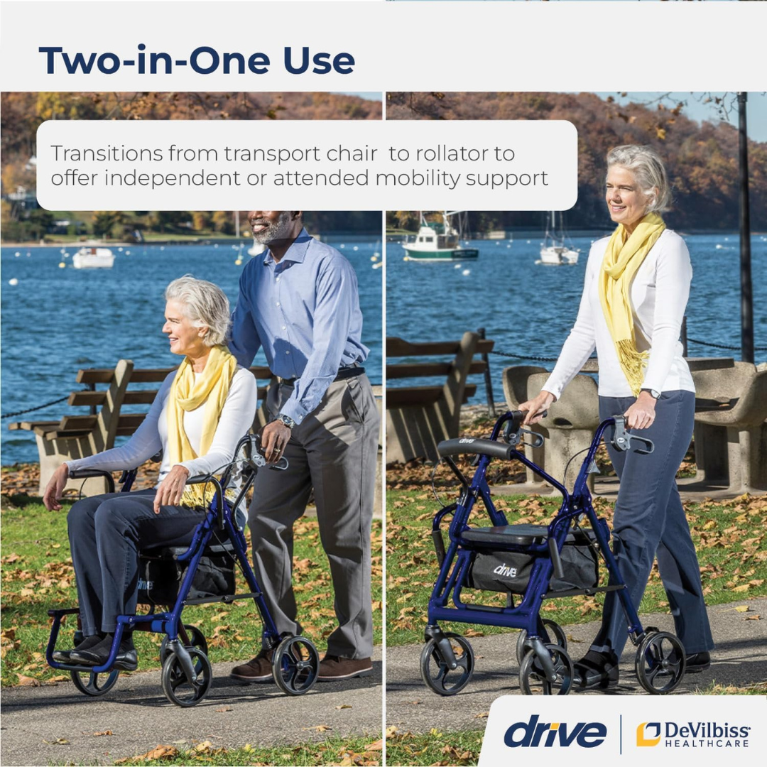 By a lake, a woman uses the Drive Hybrid Duet Rollator/Transport Chair: on the left, it’s in transport chair mode pushed by a man; on the right, she walks with it as a rollator. Text says: “Two-in-One Use” and “Transitions from transport chair to rollator.”.