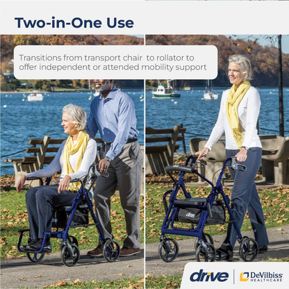 By a lake, a woman uses the Drive Hybrid Duet Rollator/Transport Chair: on the left, it’s in transport chair mode pushed by a man; on the right, she walks with it as a rollator. Text says: “Two-in-One Use” and “Transitions from transport chair to rollator.”.