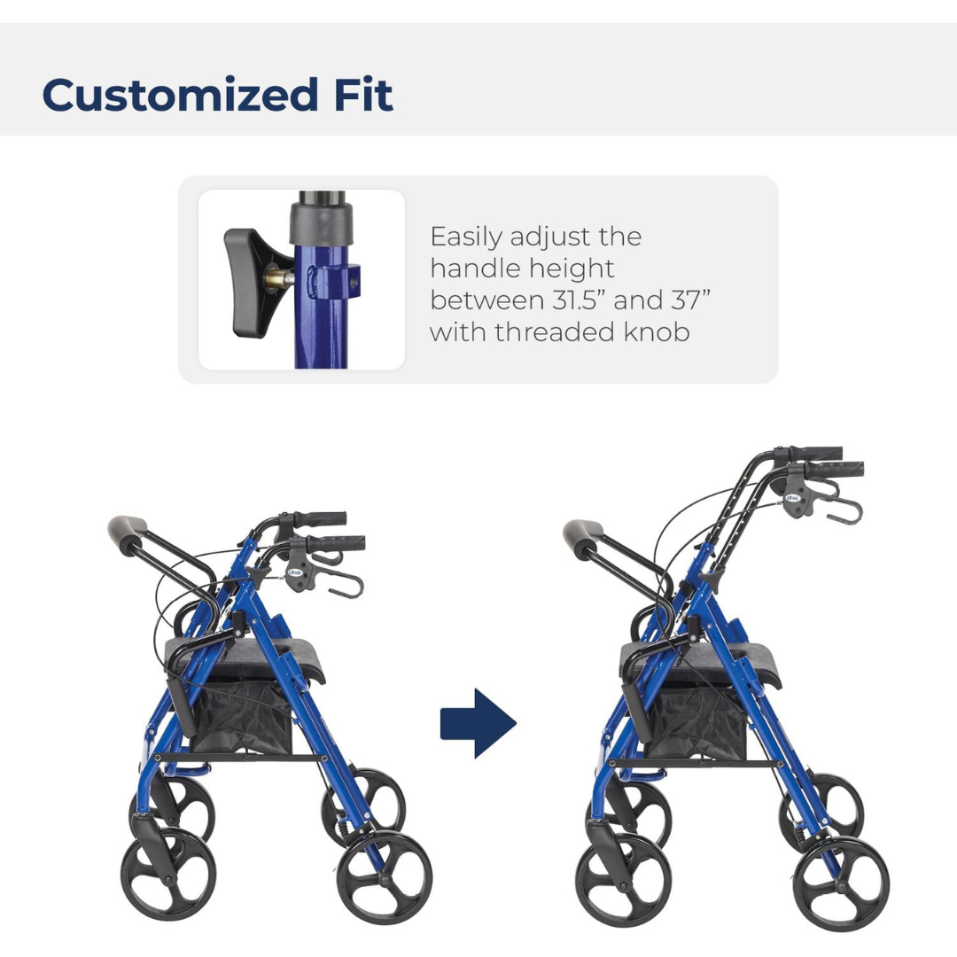 The Drive Hybrid Duet Rollator/Transport Chair in blue is shown at two handle heights. Text reads, “Customized Fit. Easily adjust the handle height from 31.5” to 37” with a threaded knob.”.