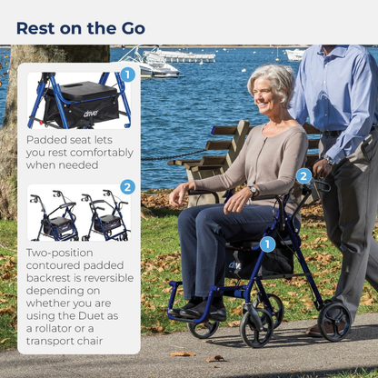 An older woman smiles while seated on a blue Drive Hybrid Duet Rollator/Transport Chair near a lake, as a man stands behind her. Insets highlight the chair’s padded seat and reversible backrest features.