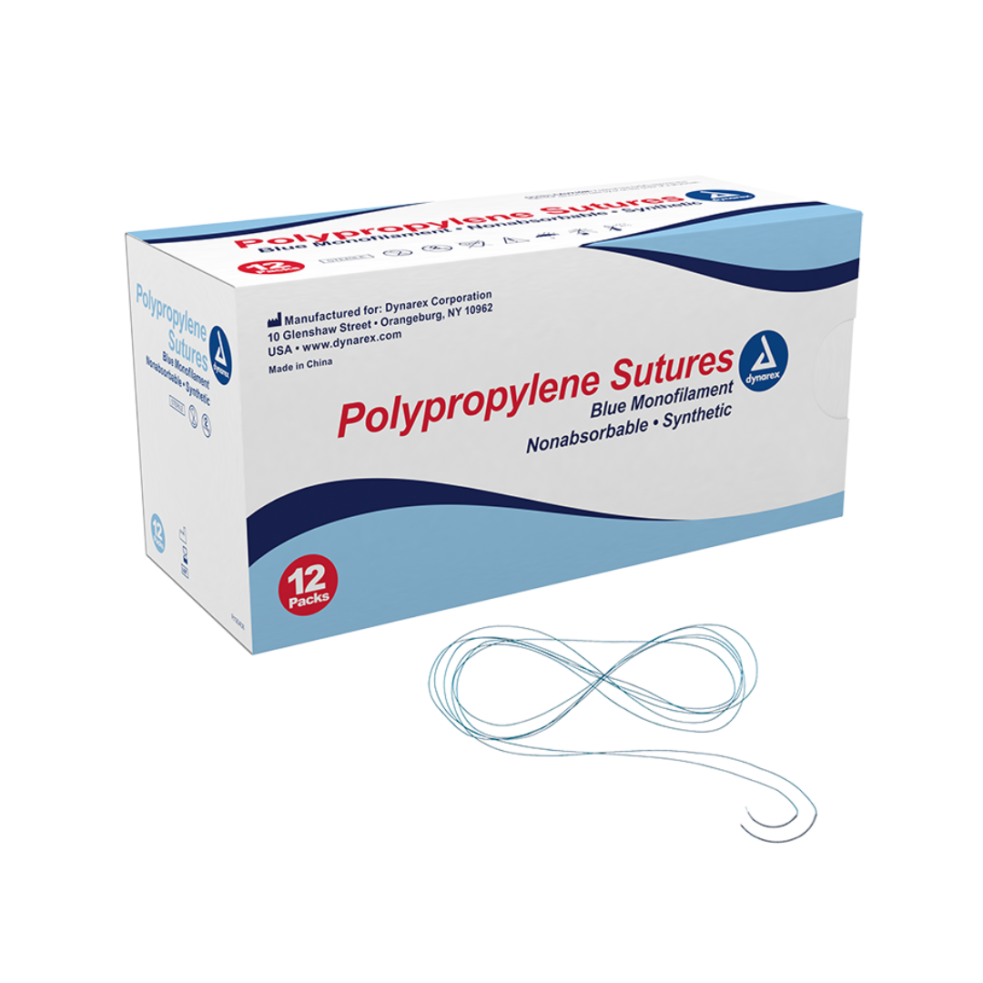 A box of Dynarex Polypropylene Sutures—nonabsorbable, synthetic, blue monofilament—sits beside a coiled blue thread. The packaging shows the brand logo, product details, and "12 Pack" highlighted in a red circle.