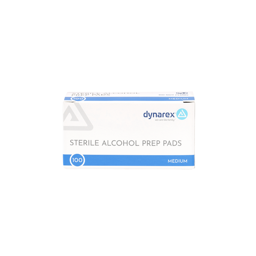 A white and blue box labeled "Dynarex Alcohol Prep Pads - Sterile," contains 100 medium pads. The front displays the brand, product name, and specifications for quick reference.