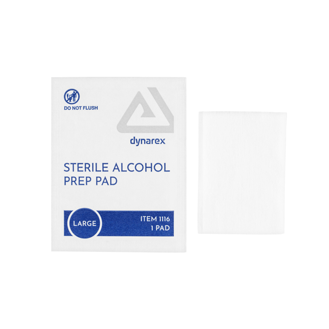 A packet of Dynarex Alcohol Prep Pads - Sterile labeled "large" is displayed beside an unfolded white pad on a white background, clearly showcasing its features for easy identification.