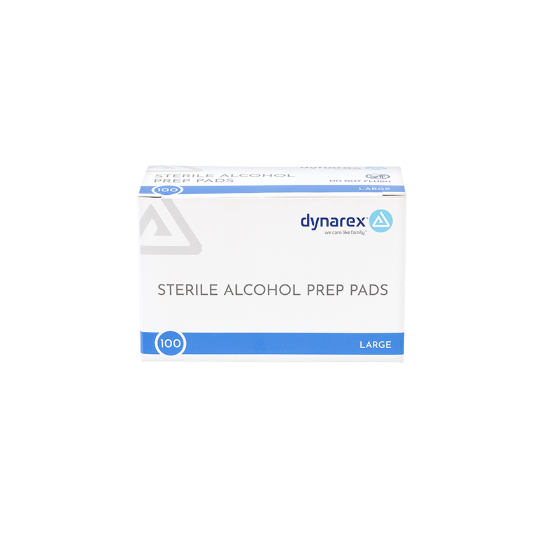 A white and blue box labeled "Dynarex Alcohol Prep Pads - Sterile," showing "100" and "Large" on the front, is pictured against a white background.