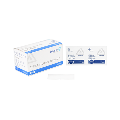 A box of Dynarex Alcohol Prep Pads - Sterile is displayed on a white background, with two individual packets and one unfolded pad in front, emphasizing product details.