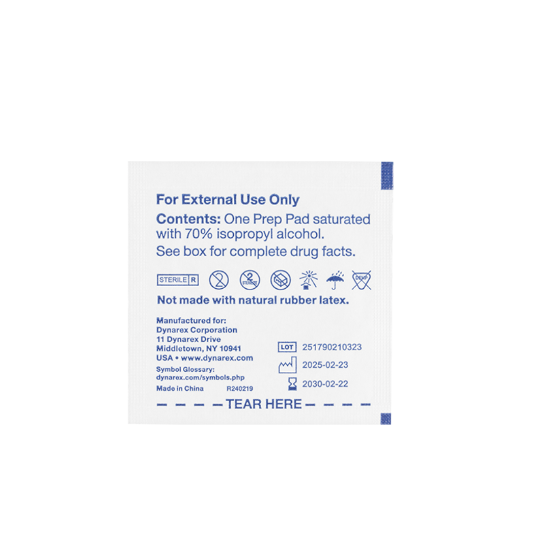 A single Dynarex Alcohol Prep Pads - Sterile packet, labeled for external use only, contains 70% isopropyl alcohol. Specifications, instructions, and manufacturer details are printed in blue on a white background.