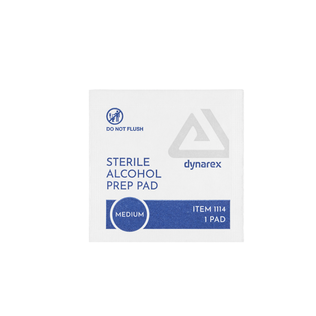 A single Dynarex Alcohol Prep Pads - Sterile packet, labeled medium, features "Do Not Flush" and displays the blue and gray company logo on a white background.