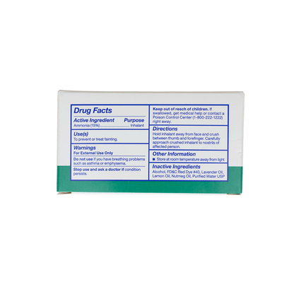 A white box displays drug facts for Dynarex Ammonia Inhalants - Ampules, listing ammonia (15%) as the active ingredient. The label covers usage, warnings, directions, inactive ingredients, and safety info for each ampule.