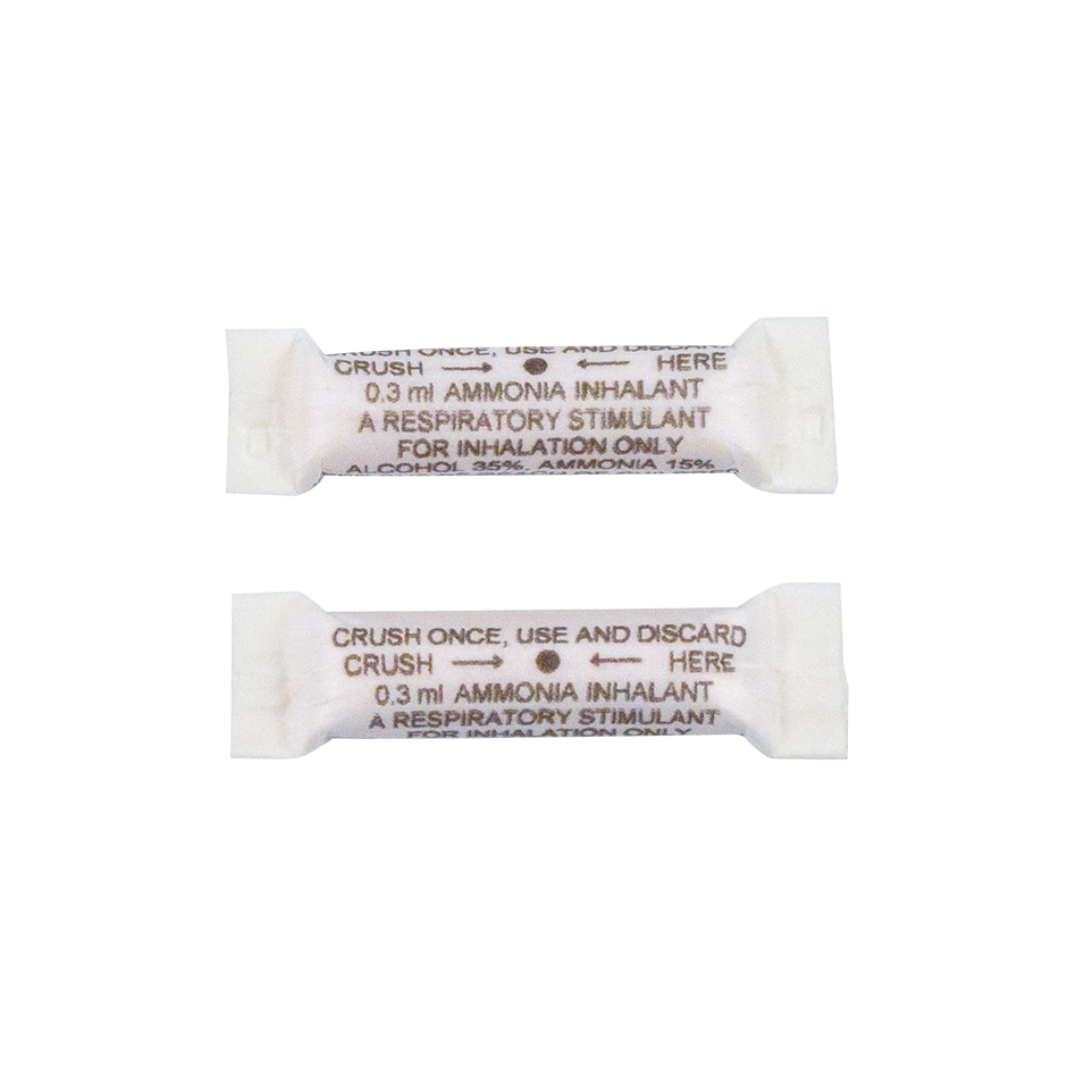 Dynarex Ammonia Inhalants - Ampules: Two white ampoules, each with 0.3 ml ammonia inhalant and printed instructions—crush once, use, then discard. For inhalation only as a respiratory stimulant.