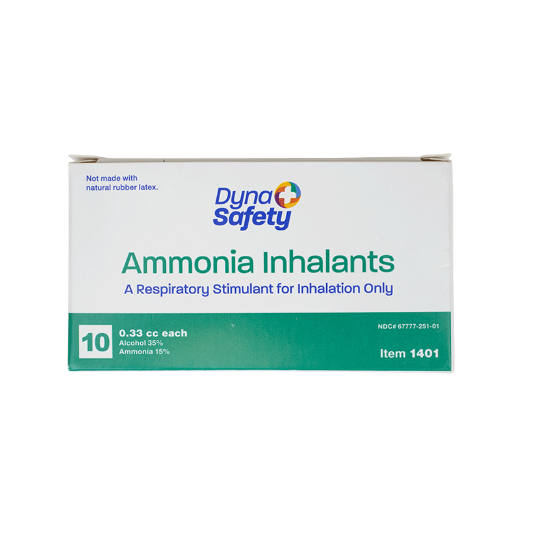 A box of Dynarex Ammonia Inhalants - Ampules, a respiratory stimulant for inhalation only. Each ampule has 0.33 cc with 35% alcohol and 15% ammonia. Contains 10 units per box, item #1401.