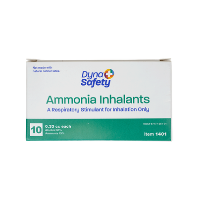 A box of Dynarex Ammonia Inhalants - Ampules, a respiratory stimulant for inhalation only. Each ampule has 0.33 cc with 35% alcohol and 15% ammonia. Contains 10 units per box, item #1401.