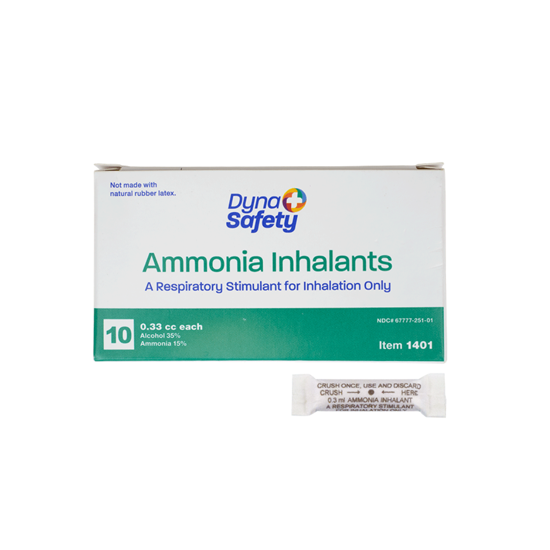 A box labeled Dynarex Ammonia Inhalants - Ampules with a single ampule in front. The box reads "A Respiratory Stimulant for Inhalation Only" and contains 10 units.