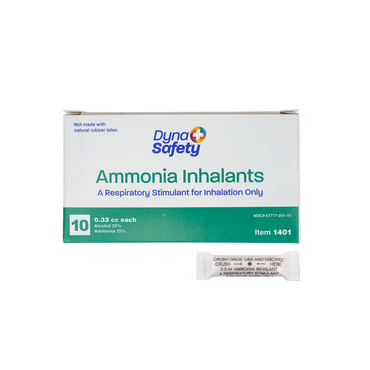 A box labeled Dynarex Ammonia Inhalants - Ampules with a single ampule in front. The box reads "A Respiratory Stimulant for Inhalation Only" and contains 10 units.