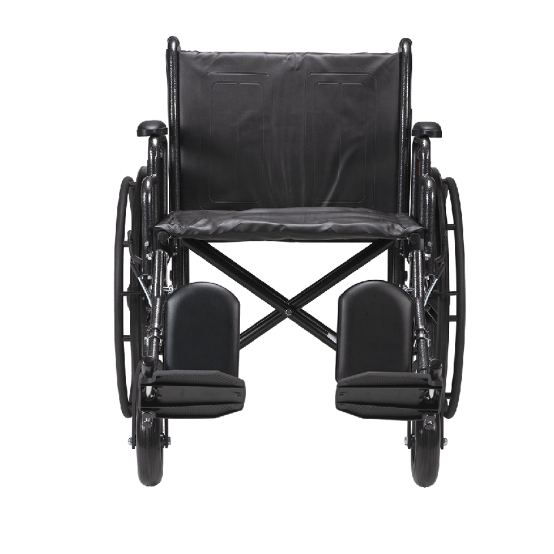 A black Dynarex Bariatric Wheelchair with Elevating Leg Rests, large rear wheels, and armrests is shown from the front against a white background.