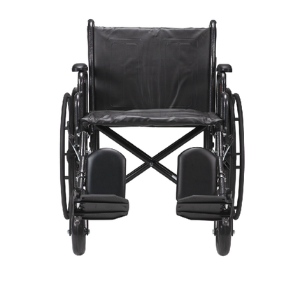 A black Dynarex Bariatric Wheelchair with Elevating Leg Rests, large rear wheels, and armrests is shown from the front against a white background.