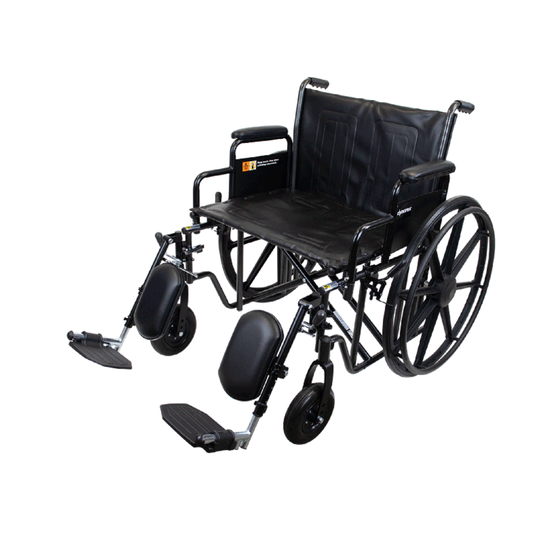 The Dynarex Bariatric Wheelchair with Elevating Leg Rests features large rear wheels, padded armrests, and a black seat and backrest, all designed for mobility assistance. Shown against a white background.