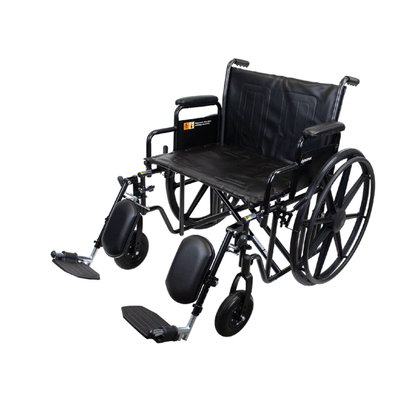 The Dynarex Bariatric Wheelchair with Elevating Leg Rests features large rear wheels, padded armrests, and a black seat and backrest, all designed for mobility assistance. Shown against a white background.