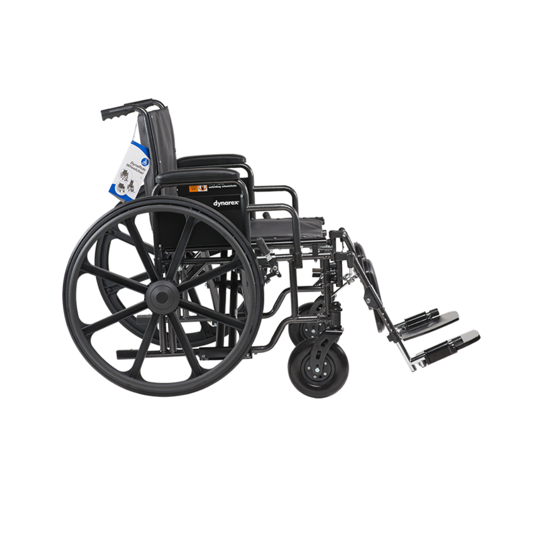 A black Dynarex Bariatric Wheelchair with Elevating Leg Rests, featuring large rear wheels and a label on the armrest, is shown against a white background.
