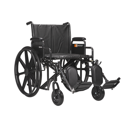 A black Dynarex Bariatric Wheelchair with Elevating Leg Rests featuring large rear wheels, small front wheels, cushioned seat and backrest, padded armrests, and adjustable footrests. The wheelchair is unoccupied.