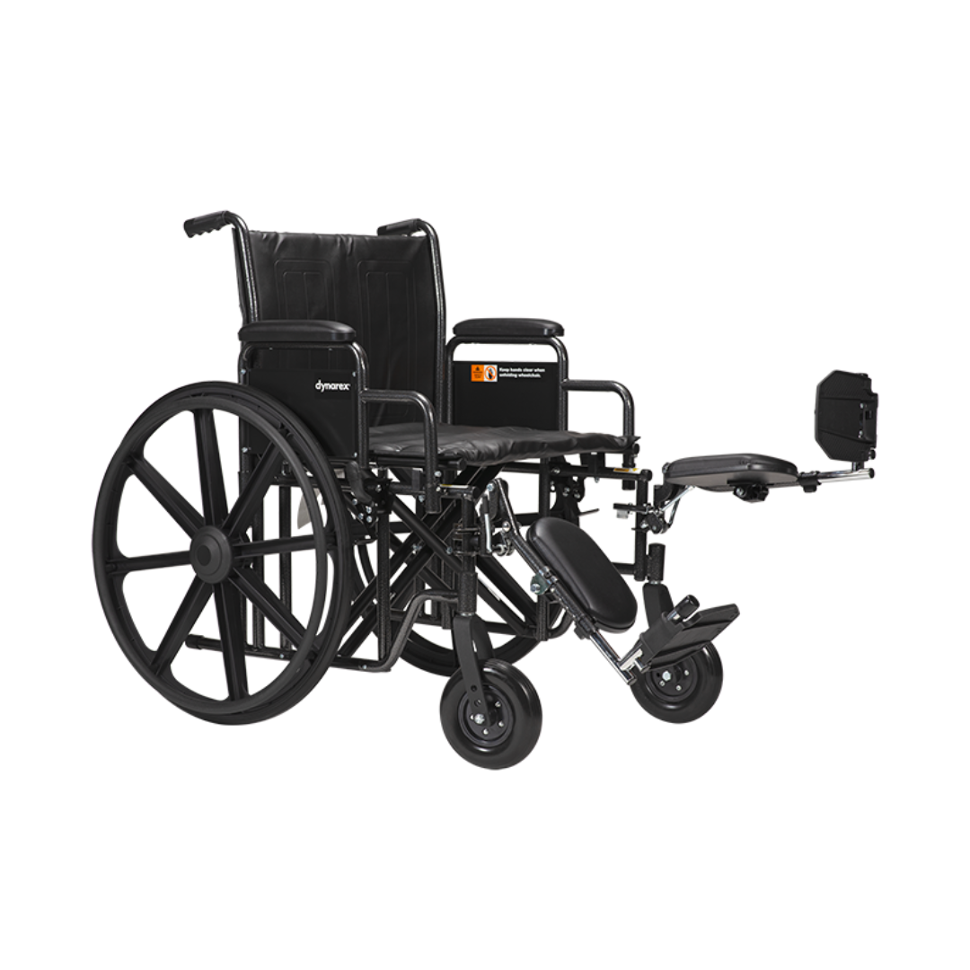 A black Dynarex Bariatric Wheelchair with large rear wheels, a right elevating leg rest, padded armrests, black seat, and sturdy metal frame provides dependable support.