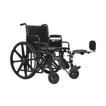A black Dynarex Bariatric Wheelchair with large rear wheels, a right elevating leg rest, padded armrests, black seat, and sturdy metal frame provides dependable support.