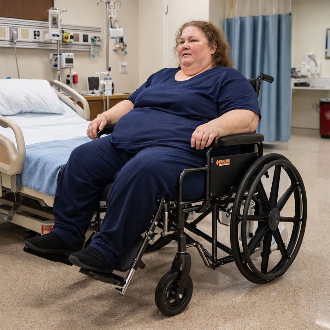 A woman in a Dynarex Bariatric Wheelchair with Elevating Leg Rests sits by a hospital bed in a medical room, wearing blue. Medical equipment and Dynarex Bari+Max supplies are visible in the background.