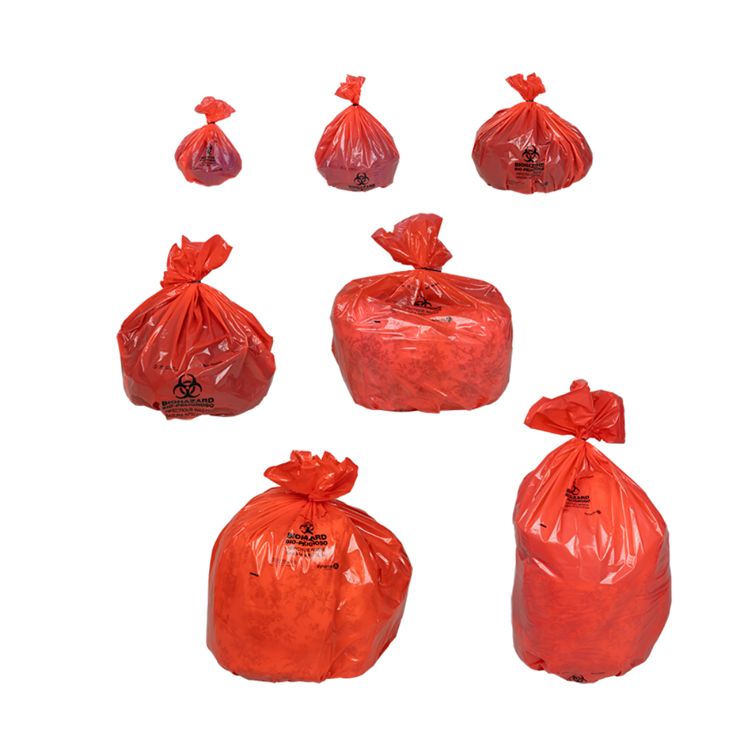 Seven red Dynarex Biohazard Waste Bags of varying sizes are arranged on a white background, each designed for secure containment. Some bags feature the biohazard symbol and "Dispo Safety" text.