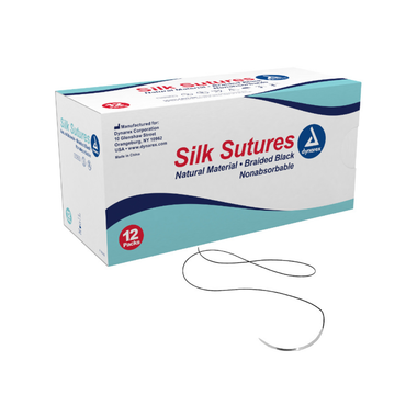 A box labeled “Dynarex Braided Black Silk Sutures - Non Absorbable” with a curved needle and black thread in front. The box states “Natural Material, Braided Black, Nonabsorbable” and includes 12 packs of sutures.