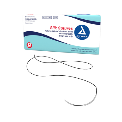 A box of Dynarex Braided Black Silk Sutures - Non Absorbable includes 12 curved needle sutures made with black braided silk, designed for single-use precision in surgical procedures.