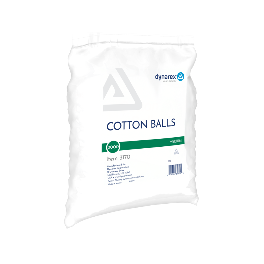 A clear plastic bag labeled Dynarex Cotton Balls, featuring blue and green text, contains 100% medium cotton balls with a 2000 count.