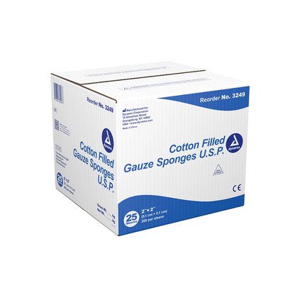 A white and blue box labeled Dynarex Cotton Filled Gauze Sponge U.S.P. contains 25 packs of 200 premium sponges (reorder #3249) and displays manufacturer and certification details.