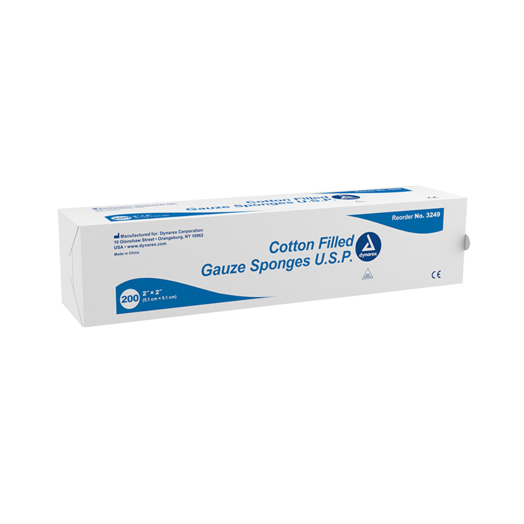 A rectangular white box with blue accents labeled "Dynarex Cotton Filled Gauze Sponge U.S.P." contains 200 premium-quality 2" x 2" gauze sponges and displays a reorder number, manufacturer details, and symbols.