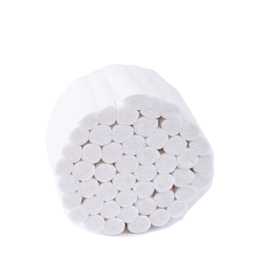 Close-up of Dynarex Cotton Rolls - 100% Pure Cotton, tightly packed with rounded ends outward, resembling dental supply cotton swabs against a plain white background.