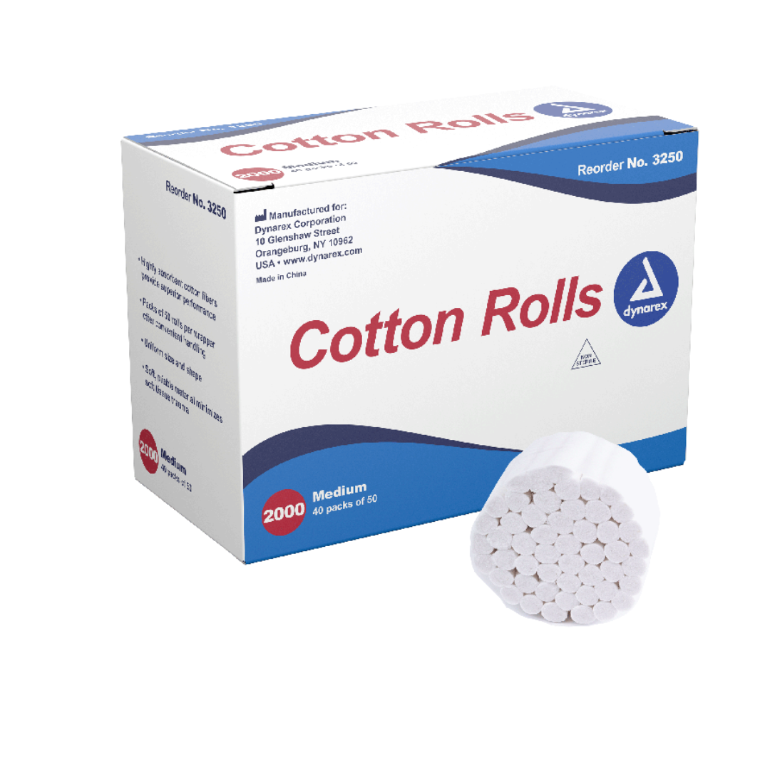 A box labeled "Dynarex Cotton Rolls - 100% Pure Cotton" features a blue and white design with the Dynarex brand. In front, a circular bundle of pure cotton rolls is displayed—perfect for dental use.