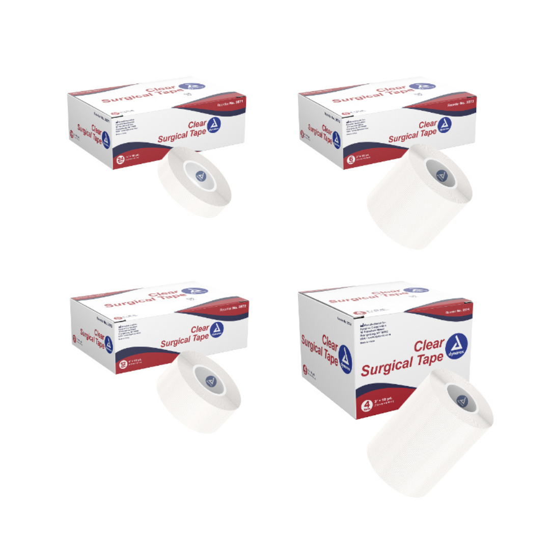 Four boxes of Dynarex CurPro Clear Surgical Tape, each with a roll of transparent medical tape next to it, are displayed in a grid on a white background. The white boxes feature red and blue labeling.