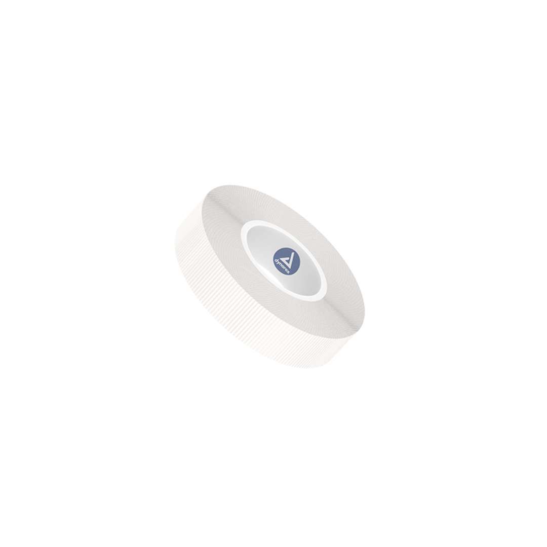 A white, circular air purifier filter with fine pleats and a blue center logo, layered with the precision of Dynarex CurPro Clear Surgical Tape, displayed against a plain white background.