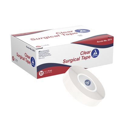 A box labeled Dynarex CurPro Clear Surgical Tape sits beside a roll of transparent tape. The white box with red and blue accents shows the Dynarex logo, reorder number 3571, and details about the tape size.