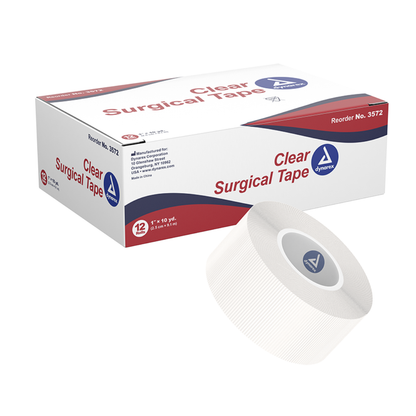 A box labeled Dynarex CurPro Clear Surgical Tape with a transparent tape roll in front. The white box has red accents, blue text, the Dynarex logo, and reorder number 3572.