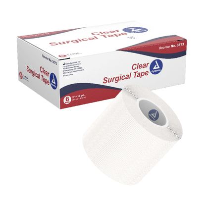 A box labeled Dynarex CurPro Clear Surgical Tape with a roll of transparent medical tape in front. The red and white box displays product details, including size and reorder number.