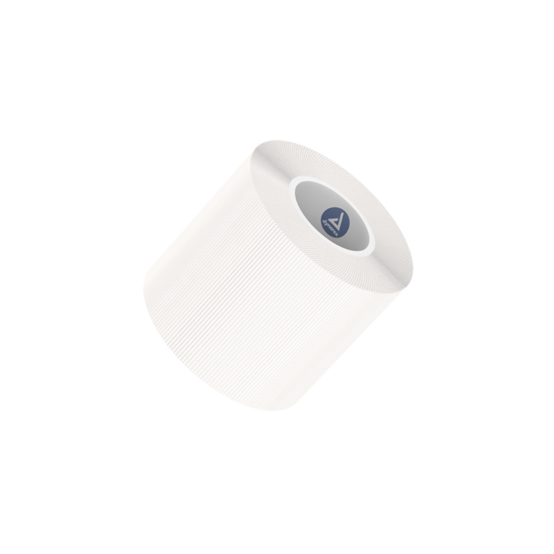 The Dynarex CurPro Clear Surgical Tape features a cylindrical white form with fine ridges and a circular gray label at the top, resembling medical tape, displayed against a plain white background.