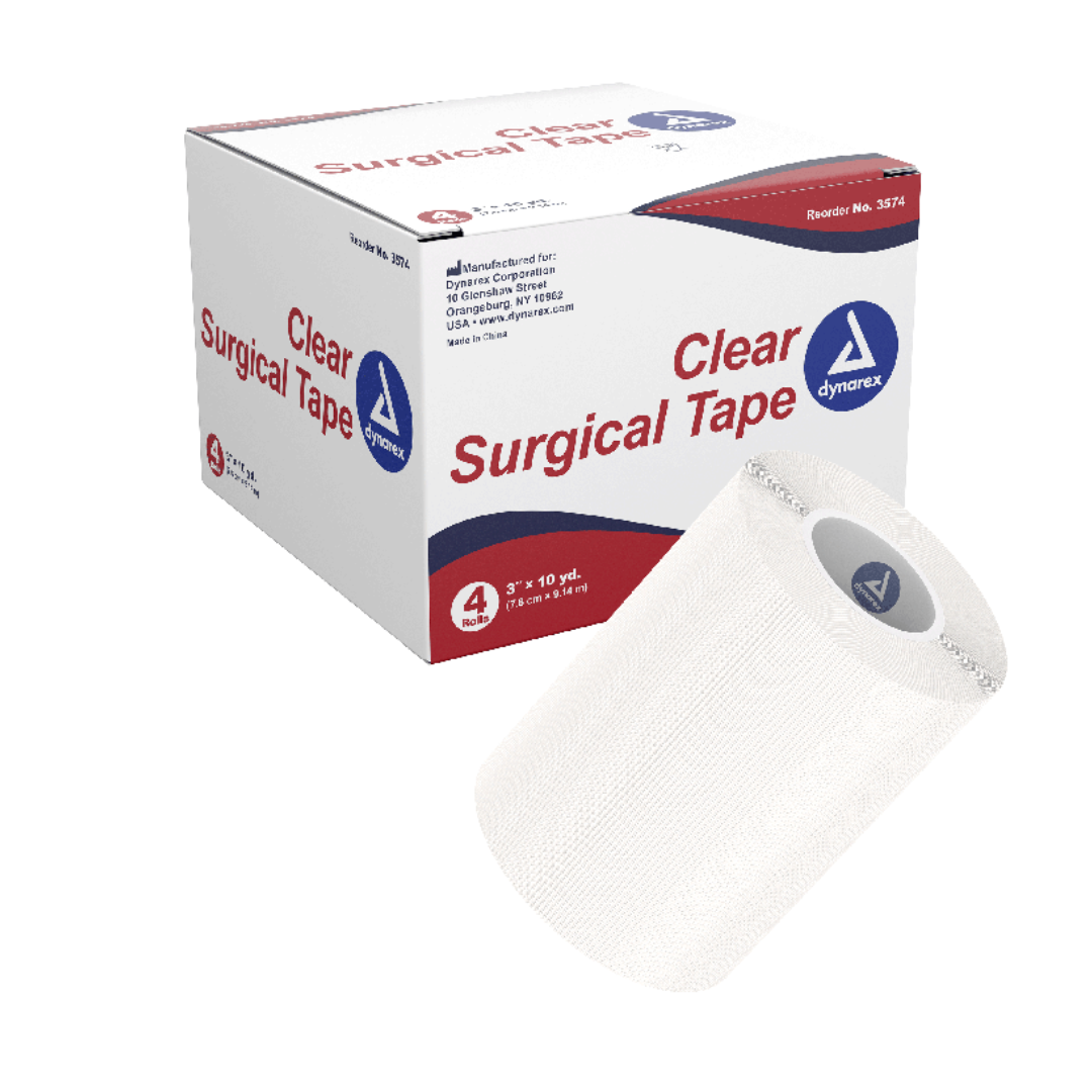 Box labeled Dynarex CurPro Clear Surgical Tape with a clear tape roll in front; both feature the Dynarex logo. Box lists size: 1 inch x 10 yards, 4 rolls per box, reorder #3574—ideal transparent tape for securing dressings.