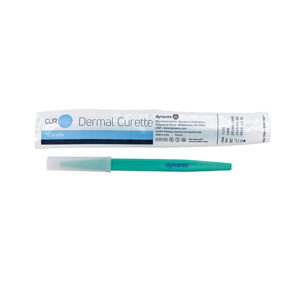 A packaged Dynarex CurPro Dermal Curette and an unwrapped curette with a green handle and clear cap are displayed side by side on a white background, highlighting Dynarex CurPro Dermal Curettes as essential medical instruments.